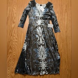 NWT Komarov Dress Sleeve Black Blue Metallic Midi Dress Size M